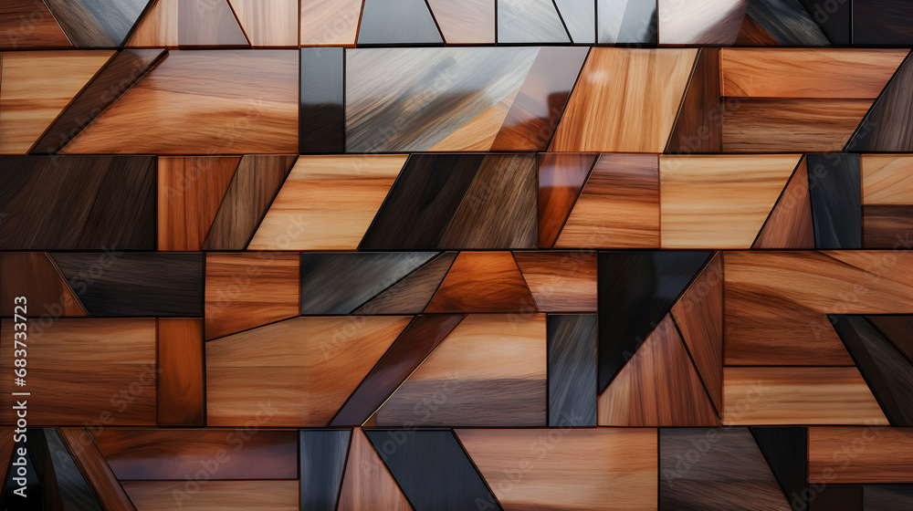 Abstract brown wooden glazed glossy deco glamour mosaic tile wall texture background with geometric shapes, web header, wallpaper, generative ai - obrazy, fototapety, plakaty 