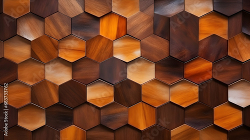 Abstract brown wooden glazed glossy deco glamour mosaic tile wall texture background with geometric shapes, web header, wallpaper, generative ai photo