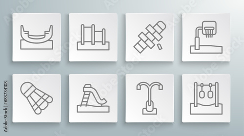 Set line Badminton shuttlecock, Horizontal bar, Kid slide, Street light, Gymnastic rings, Hopscotch, Basketball backboard and Boat swing icon. Vector