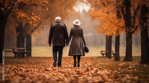 couple grandparent walking in autumn park
