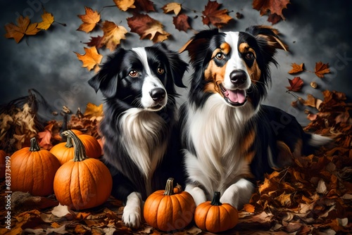 potrait , border collie and dachshund cute funny warm autumn halloween, 8k. 