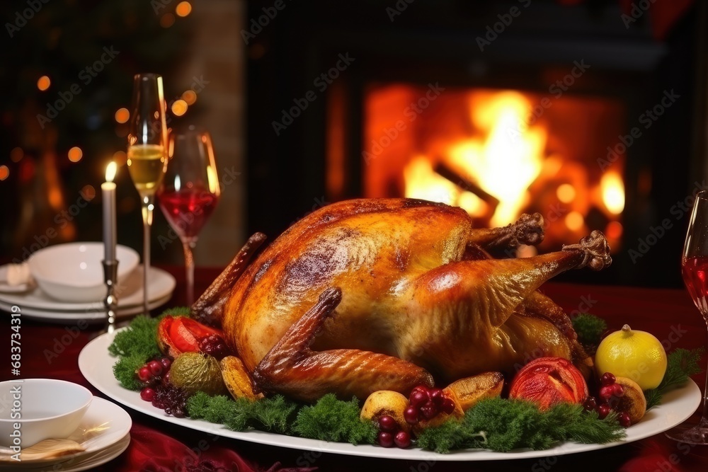 A beautifully set table for Christmas dinner. Baked chicken and glasses of wine in a cozy room lit by candles and a burning fireplace. A beautifully set table for Christmas dinner. Baked chicken and glasses of wine in a cozy room lit by candles and a burning fireplace.