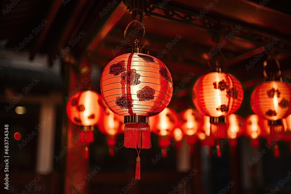 Several red traditional Chinese New Year lanterns decorated with hieroglyphs hang from the ceiling in a cozy interior.