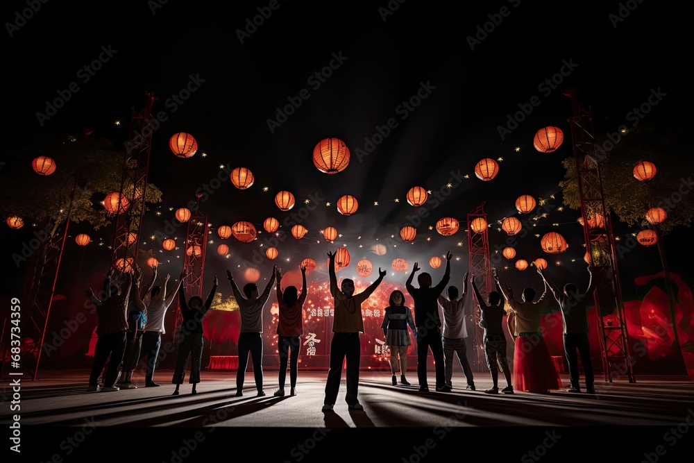 Naklejka premium A group of people in a dark night square release glowing red Chinese lanterns to fly into the sky. Happy Chinese New Year celebration.