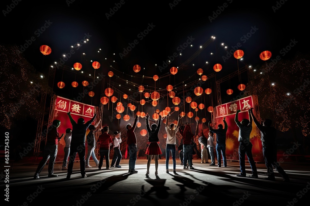 A group of people in a dark night square release glowing red Chinese lanterns to fly into the sky. Happy Chinese New Year celebration. - obrazy, fototapety, plakaty 