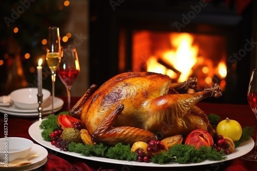A beautifully set table for Christmas dinner. Baked chicken and glasses of wine in a cozy room lit by candles and a burning fireplace.