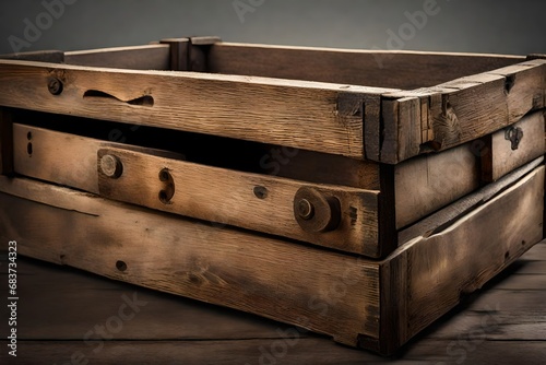 close up, a single old weathered wooden crate box set isolated white background.  photo