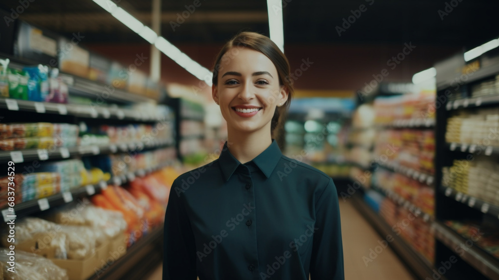 happy female grocery store manager in shop