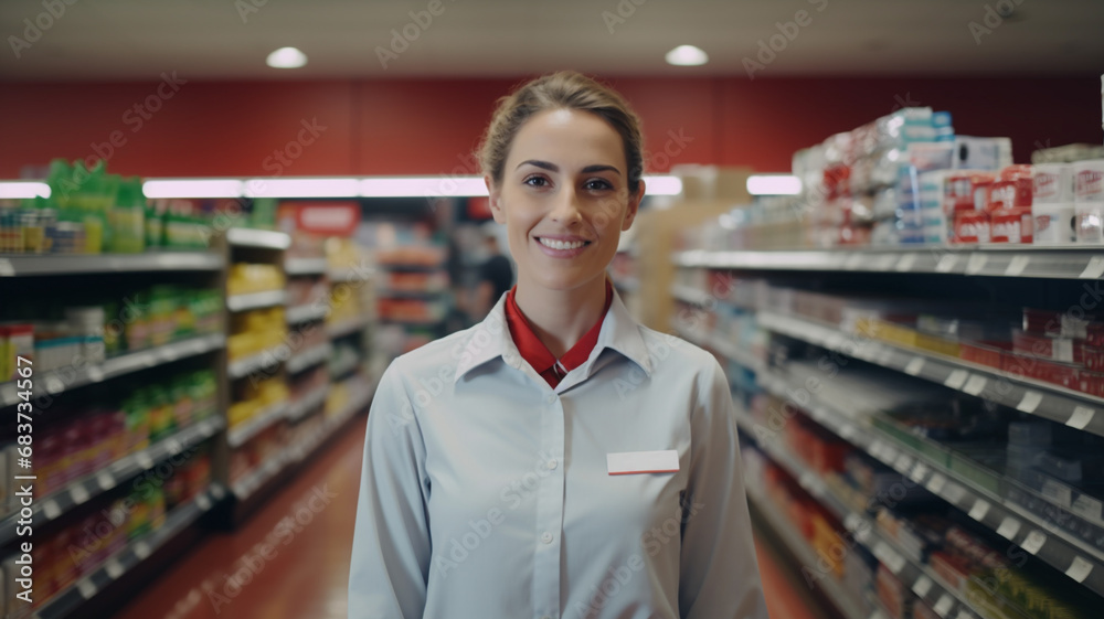 happy female grocery store manager in shop