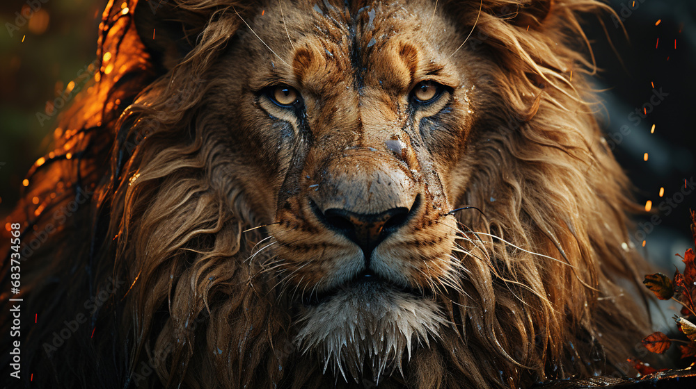 Portrait Calm and Confidence Lion Head Close Up Blurry Background