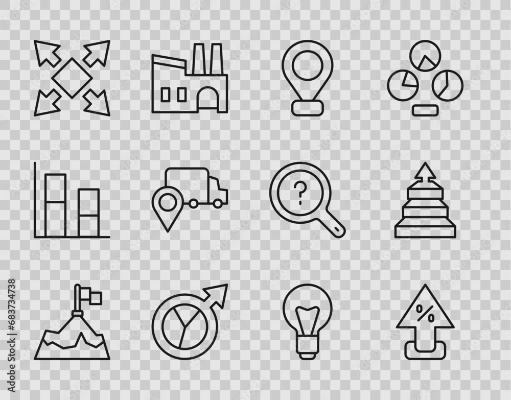 Set line Mountains with flag, Percent up arrow, Location, Financial growth, Many ways directional, Delivery tracking, Light bulb and Pyramid chart infographics icon. Vector Set line Mountains with flag, Percent up arrow, Location, Financial growth, Many ways directional, Delivery tracking, Light bulb and Pyramid chart infographics icon. Vector
