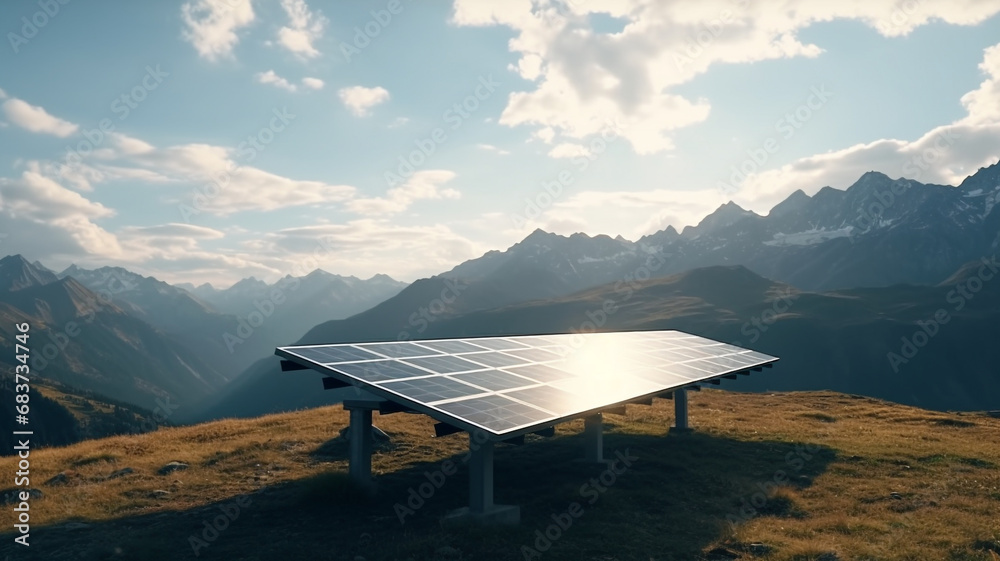 Modern solar panel stands in beautiful natural environment with mountain and sky background
