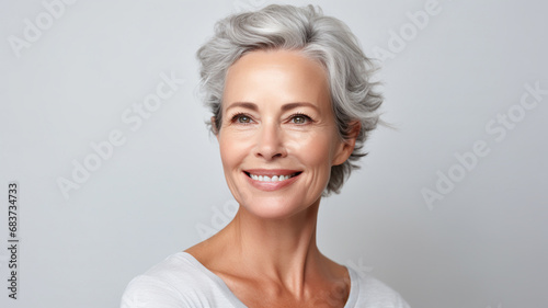 Middle-aged woman fresh face beautiful glowing healthy skin Isolated on white background.for skincare products.