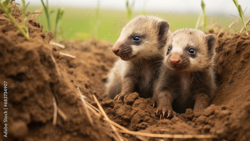 Fototapeta premium Side view cinema lens of two newborn badger cubs standing in hole