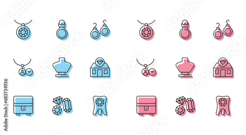 Set line Jewelry box, Gem stone, Pendant necklace, Tooth with diamond, Necklace mannequin, store, Locket and Diamond engagement ring icon. Vector