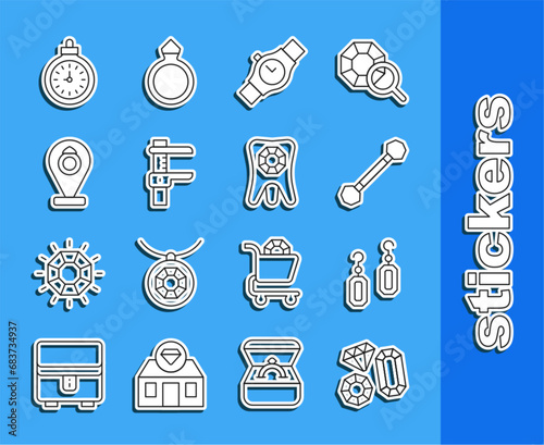 Set line Gem stone, Earrings, Piercing, Wrist watch, Calliper or caliper and scale, Jewelry store, Pocket and Tooth with diamond icon. Vector