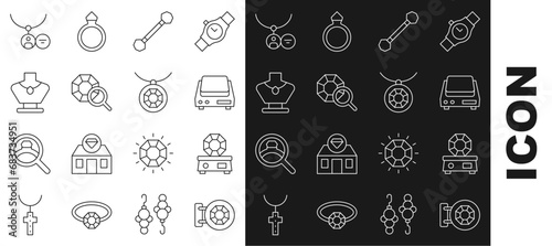 Set line Jewelry store, Gem stone, Electronic jewelry scales, Piercing, Necklace mannequin, Locket necklace and Pendant icon. Vector