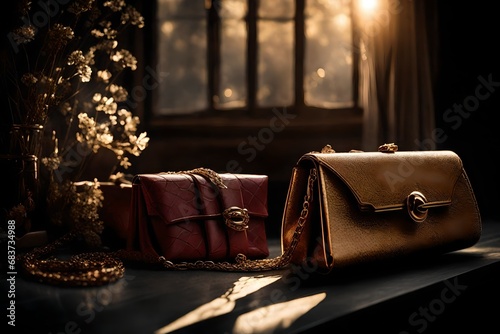 cclose up view of ladies purse , present on dark table , sun rays are also coming from window  photo