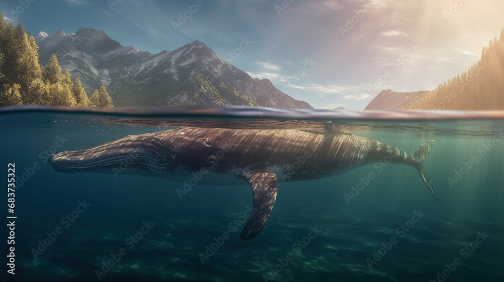 Whale Swimming in Under Sea Water Landscape Background