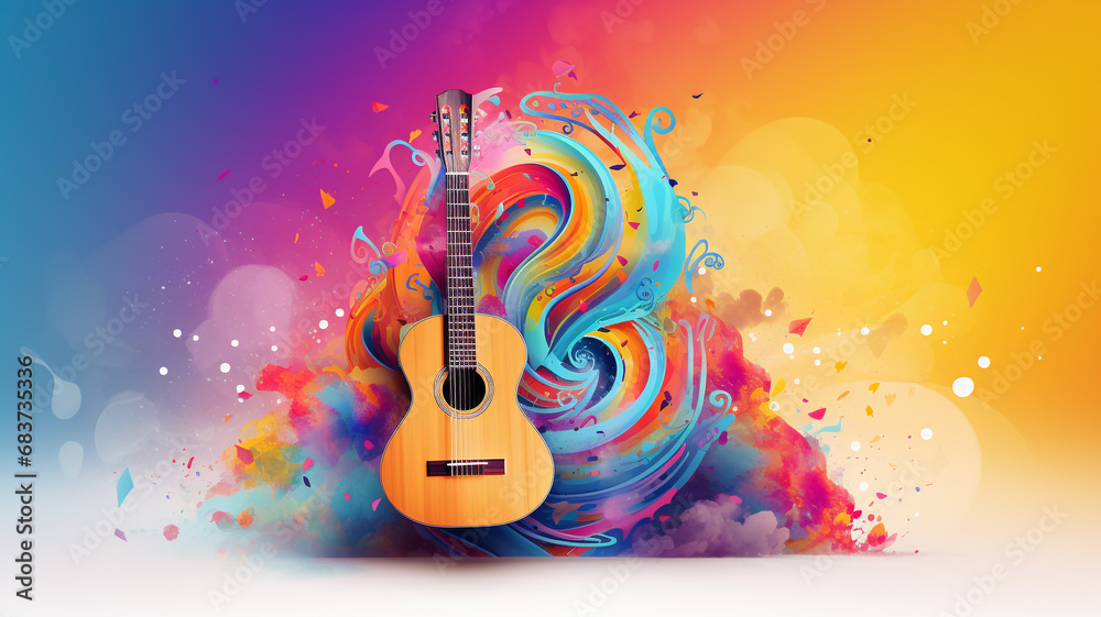 World music day banner with guitar on abstract colorful