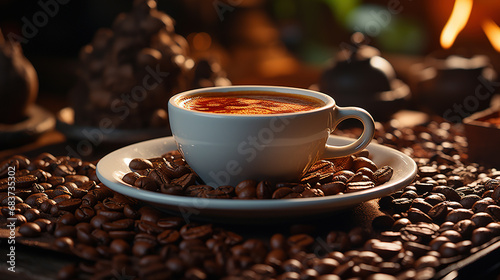 Coffee Cup and Coffee Beans on Wooden Table Blurry Background