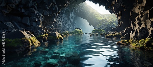underwater cave with turquoise water - 3d render illustration photo