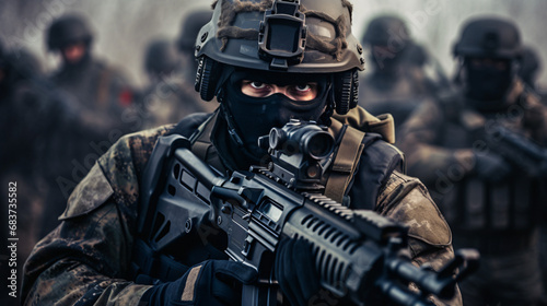Conflict war. Uniformed soldier in full armor helmet © Data
