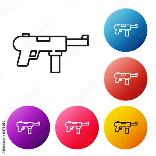 Black line Submachine gun M3, Grease gun icon isolated on white background. Set icons colorful circle buttons. Vector