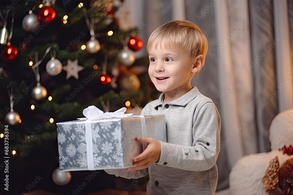 Boy child holding a large gift box on the background of a Christmas tree. New Year's surprise.