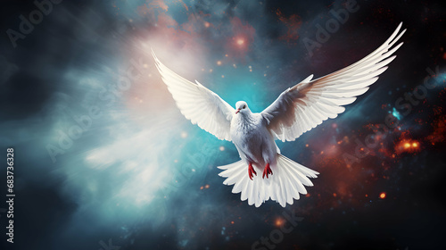 International day of world peace. A white dove with spread wings flies. Peace and security. Copy space, generative ai