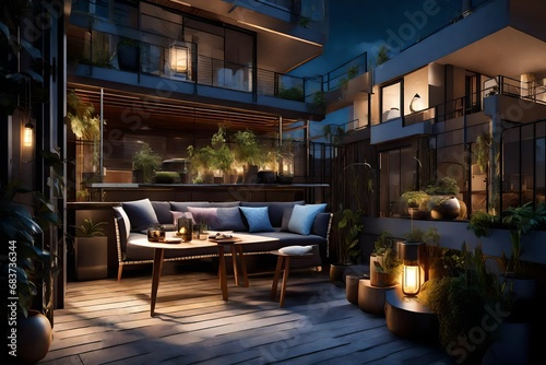 A contemporary urban balcony with artistic lighting and vibrant energy. 