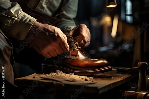 A shoemaker repairs a man's shoe in an equipped workshop. Close-up, calloused working hands of an elderly man. photo