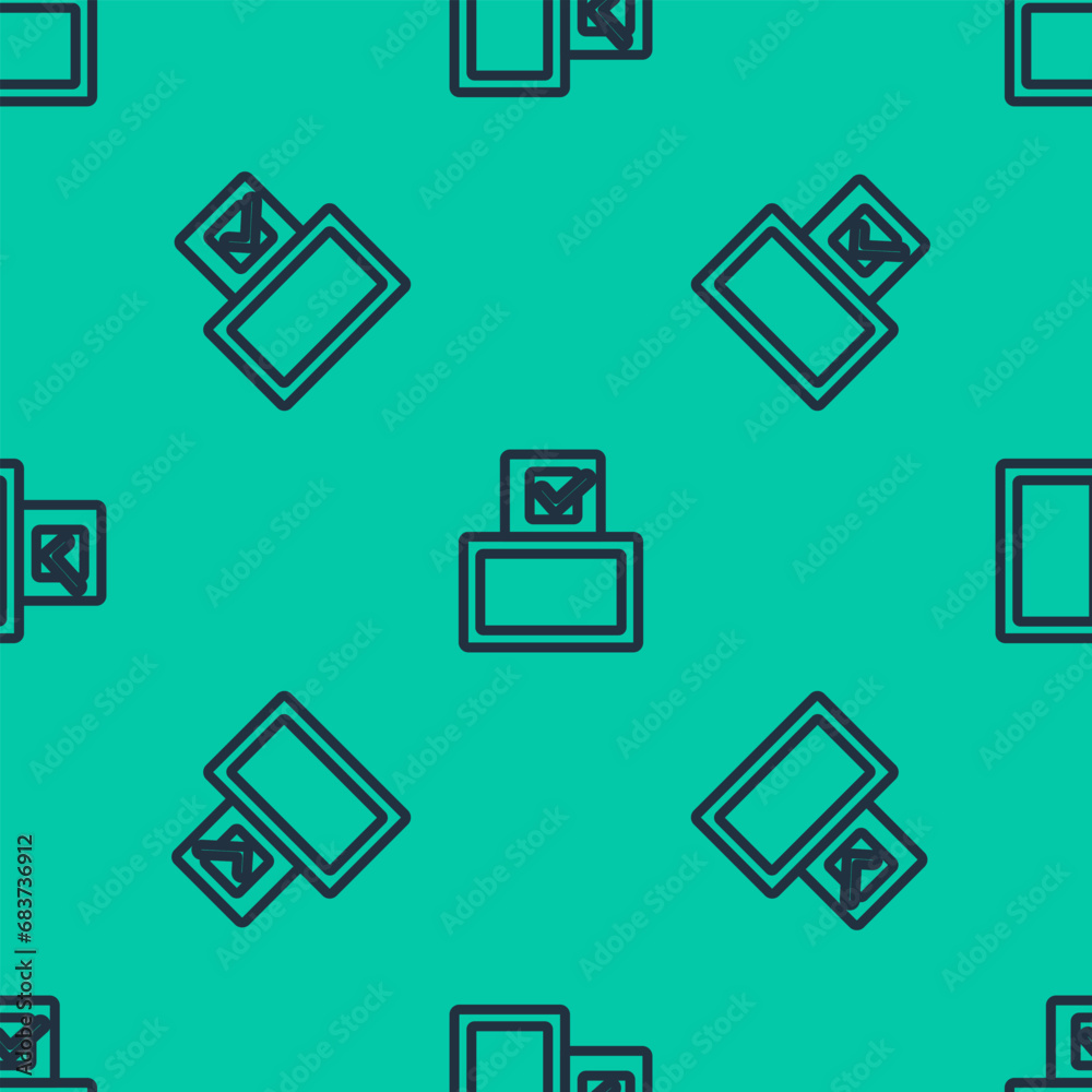 Blue line Vote box or ballot box with envelope icon isolated seamless pattern on green background. Vector Blue line Vote box or ballot box with envelope icon isolated seamless pattern on green background. Vector