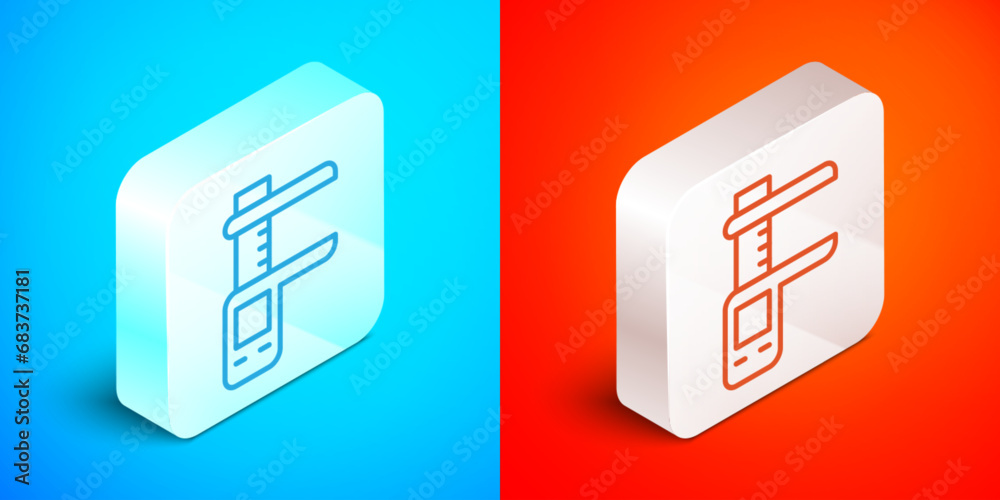Isometric line Calliper or caliper and scale icon isolated on blue and red background. Precision measuring tools. Silver square button. Vector Isometric line Calliper or caliper and scale icon isolated on blue and red background. Precision measuring tools. Silver square button. Vector
