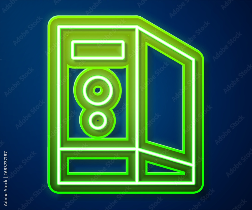 Glowing neon line Case of computer icon isolated on blue background. Computer server. Workstation. Vector Glowing neon line Case of computer icon isolated on blue background. Computer server. Workstation. Vector