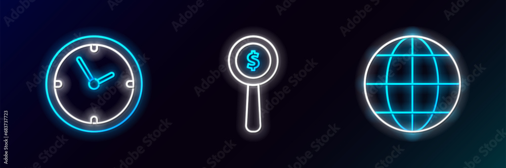 Set line Earth globe, Clock and Magnifying glass and dollar symbol icon. Glowing neon. Vector Set line Earth globe, Clock and Magnifying glass and dollar symbol icon. Glowing neon. Vector