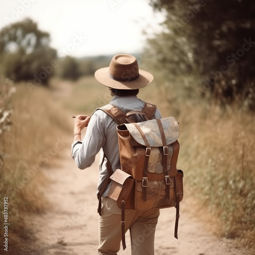Explorer's Odyssey: A Captivating Photo of a Traveler, Backpack, back view. Set Against Historical Places or Breathtaking Natural Landscapes, This Image Captures the Spirit of Adventure, G © Ojosdemar