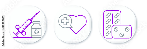 Set line Pills in blister pack, Medical syringe with needle and vial or ampoule and Heart cross icon. Vector