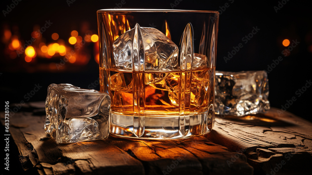 Glowing Whiskey On The Rocks on Bar Table Dark and Low Light Setting Harsh Shadows Blurry Background Glowing Whiskey On The Rocks on Bar Table Dark and Low Light Setting Harsh Shadows Blurry Background