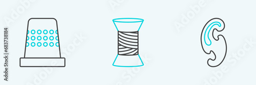 Set line French curves, Thimble for sewing and Sewing thread on spool icon. Vector