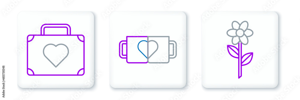 Set line Flower, Suitcase for travel with heart and Two coffee cup and icon. Vector Set line Flower, Suitcase for travel with heart and Two coffee cup and icon. Vector