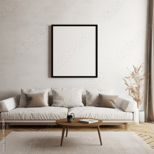 Poster frame mock up above sofa in modern and elegant room interior, Generative AI