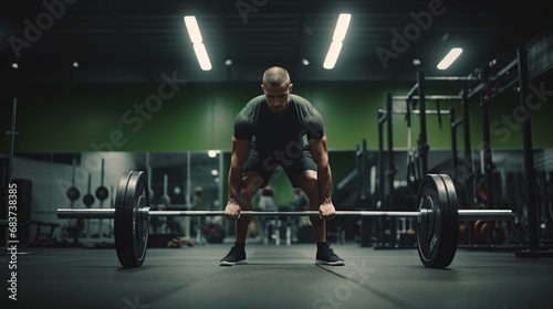 Athletic man lifting a barbell in a crossfit gym photo