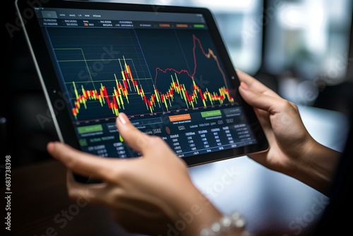Businesswoman trader investor broker holding tablet computer analyzing charts bank account market rate global indexes online forecast on stock exchange digital finances trade platform. generative AI © yj