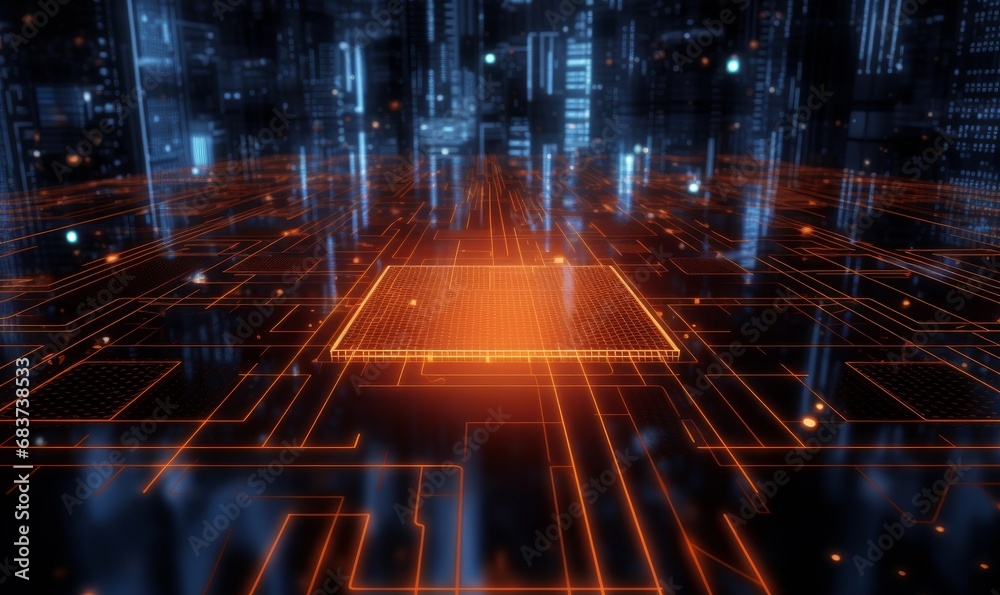 Quantum Computer Architecture. Futuristic Smart Grid and Global Connectivity Concept. Blue Tech Background. 3D Render, Generative AI