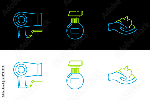 Set line Shaving gel foam on hand, Hair dryer and Cream or lotion cosmetic tube icon. Vector