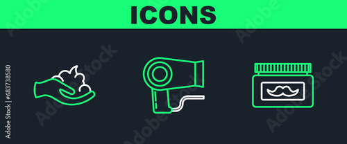 Set line Cream or lotion cosmetic jar, Shaving gel foam hand and Hair dryer icon. Vector