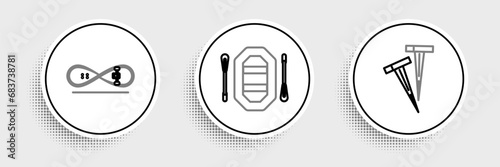Set line Pegs for tents, Skateboard trick and Rafting boat icon. Vector