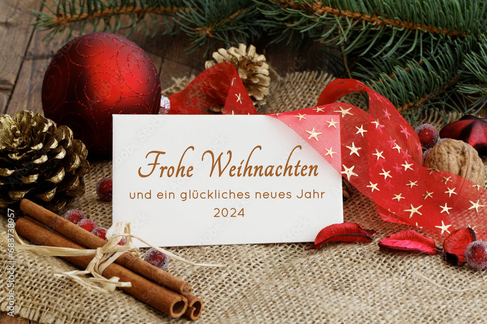 Weihnachtskarte: Weihnachtsgruß auf einer Karte mit Schleife und 