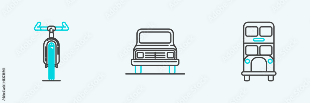 Set line Double decker bus, Bicycle and Car icon. Vector Set line Double decker bus, Bicycle and Car icon. Vector
